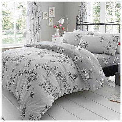 GC GAVENO CAVAILIA Capa de edredão com flores super macias, conjunto de roupa de cama reversível tamanho King, capas de edredão respiráveis, cinzento, casal