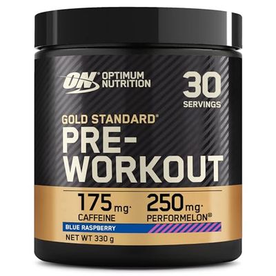 Optimum Nutrition Gold Standard Pre Workout Powder, Energy Drink with Creatine Monohydrate, Beta Alanine, Caffeine and Vitamin B Complex, Food Supplement, Blue Raspberry Flavour, 30 Servings, 330 g