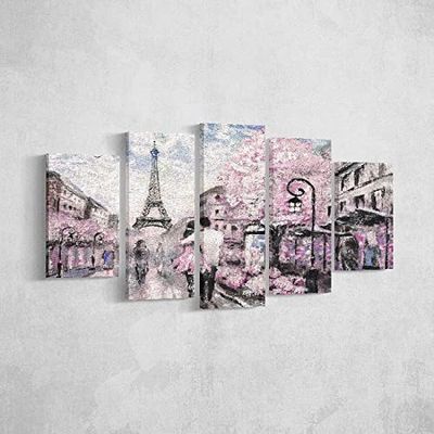 HOMEMANIA Quadro Tour Eiffel - 5 Pezzi - Città E Paesaggi - per Soggiorno, Camera - Multicolore in Poliestere, Legno, 100 x 3 x 60 cm