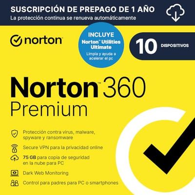 Norton 360 Premium+Utilities 2025|Antivírus 10 Dispositivos|1 año con renovación automática| Descarga digital