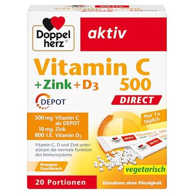 Vitamina C 500 mg + Zinco + D3 Direct Vegetariano - 20 porzioni microgranuli - Integratore per la normale funzione del sistema Immunitario al gusto di arancia - Doppelherz (Vitamina C + Zinco NUOVO)