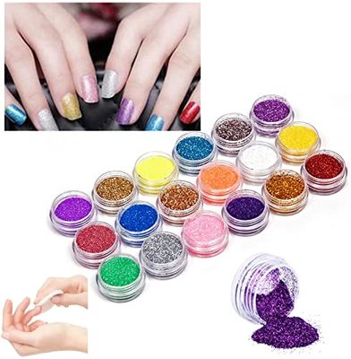 DIP Your Tips 18 Colors Nail Art Glitter POTS Powder Dust Gel Acrylic Powder, Nail Artist Glitter, Includes Wipe Sheet