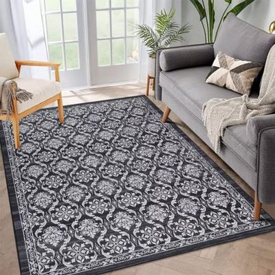 Auton Tapis bohème Lavable pour Salon - Antidérapant - Motif Floral - Aspect Vieilli - pour Chambre à Coucher, Cuisine, Bureau - Gris foncé - 120 x 170 cm