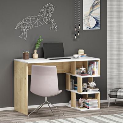 Modern Study Desk met Numerous Shelves, White & Sapphire Oak, 110 x 73,8 x 50 cm | 100% Melamine Coated Particle Board, 18 mm dik, stijlvol en functioneel design