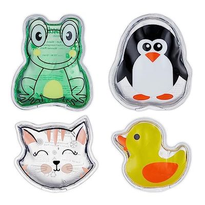 Relaxdays hot cold pack kinderen, set van 4, koud warm kompres, dieren designs, coolpack gel, herbruikbaar, kleurrijk
