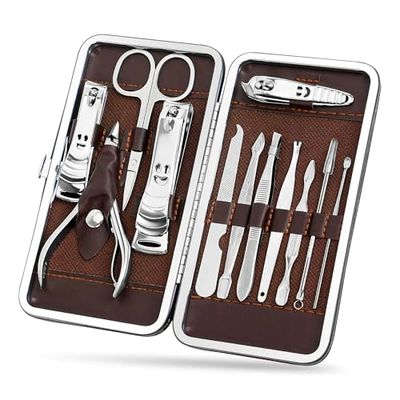 Lot de 12 coupe-ongles robustes en acier inoxydable pour manucure personnelle, coupe-ongles, cure-oreilles, kit de pédicure homme/femme