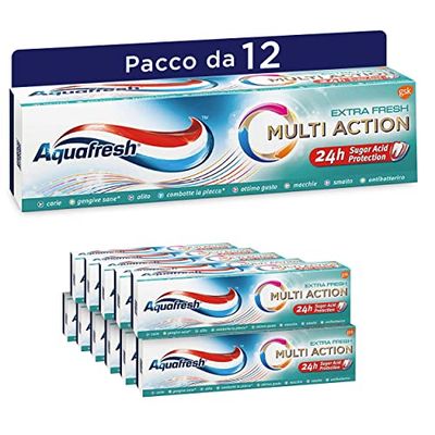 Aquafresh Dentifricio Multi Action, Protezione Carie, Gengive Sane, Alito Fresco, Smalto Forte, Contro Placca e Macchie, Extra Fresh Pacco da 12x75ml