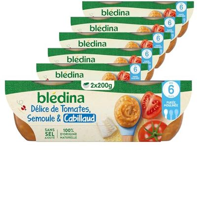 Blédina - Bols - Repas midi bébé - Délice de Tomates, Semoule & Cabillaud - Dès 6 mois - Sans sel ajouté - 12x200g