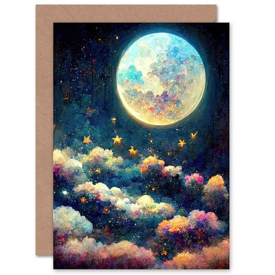 Artery8 Magical Full Moon Stars for Him or Her Man Woman Birthday Thank You Congratulations Blank Art Greeting Card