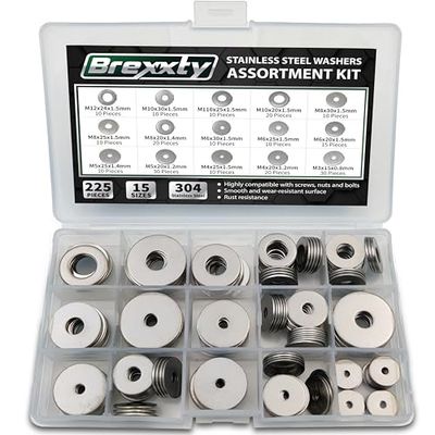 Brexxty Lot de 225 rondelles plates pour vis et boulons - Assortiment de 15 tailles différentes (M3, M4, M5, M6, M8, M10 et M12) - pour un usage domestique et industriel