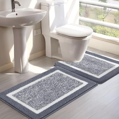 SHACOS Tapis de Salle de Bain à Poils Longs, antidérapant et Ultra Doux, Absorbant avec Toilettes en Forme de U, pour Salle de Bain, Baignoire, Douche (Gris foncé, 45 x 65 cm + 50 x 60 cm)