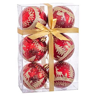 Fantastico Christmas Set de 6 Bolas Rojo 60 mm. con diseño de un cirvo en Color Oro. Añade un Brillo Elegante a su decoración de Navidad. Tamaño Unidad: 6x6x6 cm, Multicolor, No Aplica