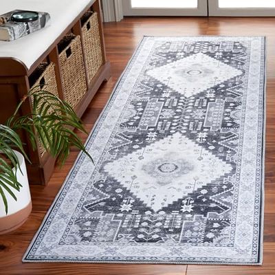 Safavieh Tapis de Sol Vieilli - Lavable en Machine et Antidérapant - Idéal pour Les Zones à Fort Passage - Arizona Collection, Tapis à Poil Court, Gris et Ivoire, 62 x 240 cm