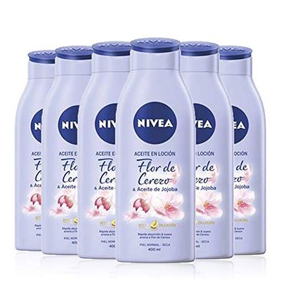 NIVEA Óleo em loção flor de cerejeira e óleo de jojoba em embalagem de 6 (6 x 400 ml), loção corporal de rápida absorção, loção para os cuidados da pele seca e normal
