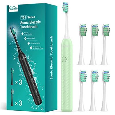 Brosse à Dent Électrique Soniques pour Homme Femme - Brosse A Dent Adultes Enfant avec 6 Têtes, 5 Modes, 4 Heures Charge et Utilisation 180 Jours, Brosse A Dent Voyager Famille, Vert Clair