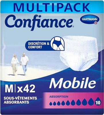Confiance Mobile - Slips Absorbants pour Hommes et Femmes - Niveau d'Absorption = 10 gouttes (Fuites Urinaires Importantes) - Discrets et efficaces - pH Neutre à la Peau - Taille M - 3x14 Unités