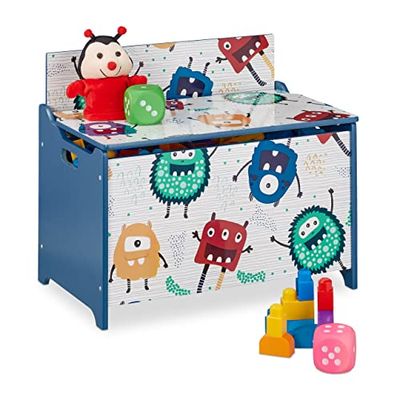 Relaxdays Coffre à Jouets, Motif Monstres, Malle de Jeux avec Couvercle, HLP : 50x60x36,5 cm, MDF, Rangement, Bleu/Blanc