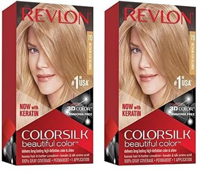 REVLON Colorsilk Colorazione Permanente Capelli Fai-da-te A Casa, Senza Ammoniaca E Arricchita Con Cheratina, 70 - Biondo Cenere Medio (Confezione da 2)
