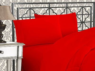 Elegant Comfort Lyxigt 1 500 trådantal egyptisk tre linjer broderad mjukaste premium hotellkvalitet 4-delat lakanset set, skrynkel- och blekningsbeständig, drottning, röd
