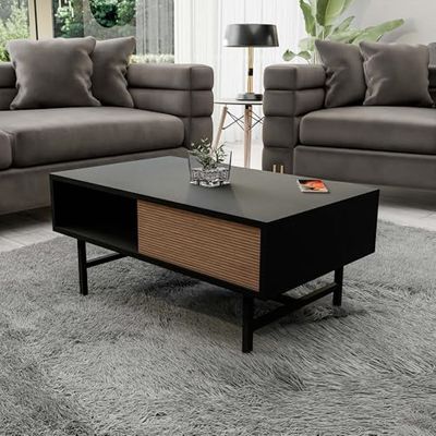 Hanah Home Stylowy stolik kawowy, orzech i czarny, 90 x 54 x 39,6 cm | 100% płyta wiórowa powlekana melaminą i metal | nowoczesne wzornictwo do salonu i biura