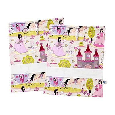 FILET - Set Deux Sacs Maternelle en Coton Imprimé, Sacs Change, Sacs Trousse, Sacs Chaussures, avec Toile Aida à Broder, Made in Italy, 42 x 34 cm, Fantaisie Beige Rose Princesses