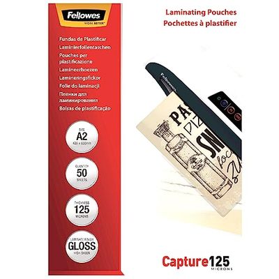 Fellowes A2 Laminating Pouches, Gloss Finish, 50 Sheets, 125 Micron (2 x 125 Micron) High Quality Finish with Image Last Directional Quality Mark, Ideal for Photos, Notices and Creatives
