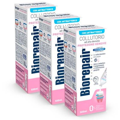 Biorepair, Collutorio Liquido ad Alta Densità, Protezione Gengive, con Acido Ialuronico e Zinco Antibatterico Aiuta a Combattere la Paradontite, 500ml - 3 Confezioni, Senza Fluoro