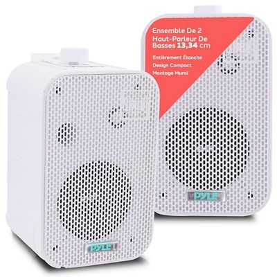 Pyle Système d'Enceinte étanches Intérieur /Extérieur-Paire d'Enceinte Murale/Plafond de 13,3 cm Résistants aux Intempéries-200 Watts RMS, Support Universel, Blanc