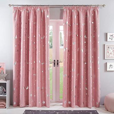 Dreamscene Galaxy Star - Par de Cortinas Opacas térmicas Plisadas con diseño de Luna, Color Rosa Rubor, 66 x 90 Pulgadas
