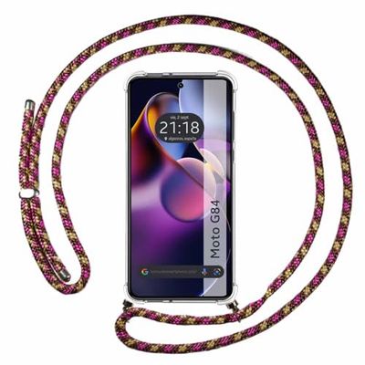 Tumundosmartphone Transparent hängande fodral för Motorola Moto G84 5G med rosa/guldsladd, Gel