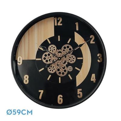 PRENDELUZ Reloj de Pared Engranajes, Negro/Haya/Oro, 59x59x8 cm, con Movimiento, Ideal para Decorar y organizar Espacios.