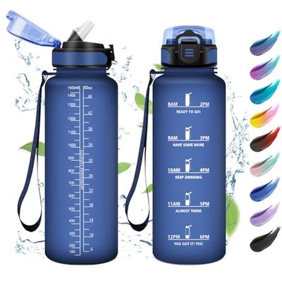 Sportdrinkfles met rietje, 1,5 l, gemakkelijk te openen, herbruikbare fles, sportfles met motiverende tijdweergave, voor sportschool, camping, reizen