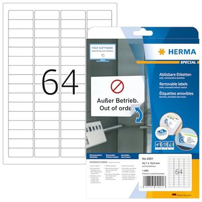HERMA Self Adhesive Suspension File Tab Labels, 64 Labels per A4 Sheet, 25 Sheets, 45.7 x 16.9 mm, 1600 Labels, Blank Removable Mini Stickers, Sticky Labels for Laser & Inkjet Printer, White