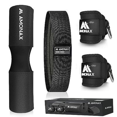 Amonax Cuscino Bilanciere, Cuscinetto Hip Thrust Squat Pad Con Glute Band Fascia Elastica in Tessuto, Cavigliere Cavi Palestra per Macchine via Cavo, Allenamento Fitness Casa per Donne Uomini
