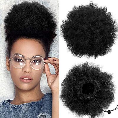 2 Pieces Afro Puff Drawstring Ponytail Synthetic Short Curly Hair Afro Bun Extension Afro Chignon Hairpieces Wig Updo Hair Extensions (Light Black)
