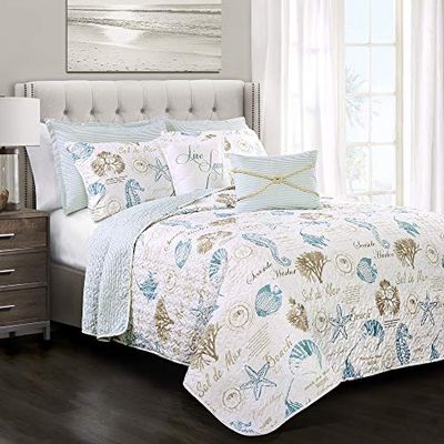 Lush Decor Harbor Life Conjunto de edredão reversível, conjunto de 7 peças, tamanho King, azul e cinzento pardo, conjunto de roupa de cama tamanho King, decoração costeira, roupa de cama náutica, casa