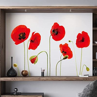 WALPLUS Autocolantes decorativos tema floral perfeito para presentesDescasque e cole removível vermelho papoila flores decalque mural de parede de arte quarto das crianças (reutilizável) 25 peças