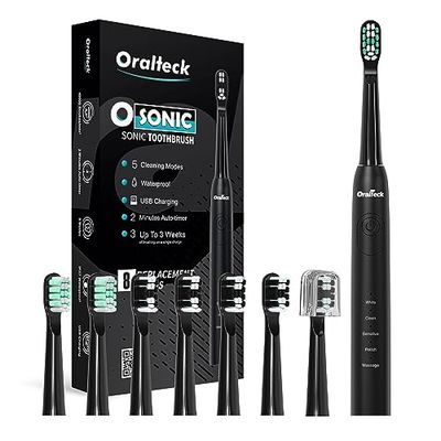 OSONIC Cepillo de Dientes Eléctrico Sónico. Incluye: 8 Cabezales. 5 Modos de Uso. Blanqueamiento en 2 semanas. Temporizador de 2 min. IPX8, Apto para Adultos y Niños. Batería de carga USB. (Negro)