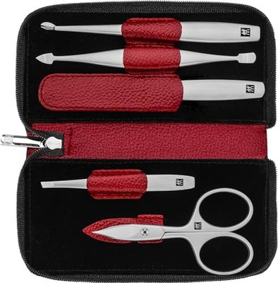 ZWILLING Manikyrset (5 delat, nagelvård och pedikyr, fodral i äkta läder, exakt, presentförpackning, med kombinerad nagelsax), Premium, Röd
