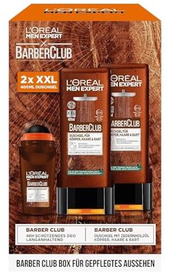 L'Oréal Men Expert Set regalo da uomo con gel doccia XXL e deodorante roll-on con olio essenziale di legno di cedro, set regalo da uomo, Barber Club Box, 2 x 400 ml, 1 x 50 ml