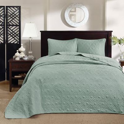 Madison Park Parure de lit réversible Québec Motif damassé, Coutures Double Face, Toutes Saisons, Couvre-lit léger, taie d'oreiller Assortie, écume de mer, lit jumeau (205,7 x 279,4 cm) 2 pièces