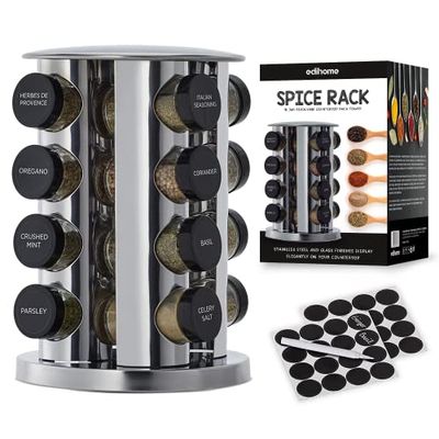 edihome, Spice Rack, 16 Spices Canisters, Rotating, Kitchen organiser, with Individual Lids and Dispensers, 360º, with Labels for Dispensers, Pen Included