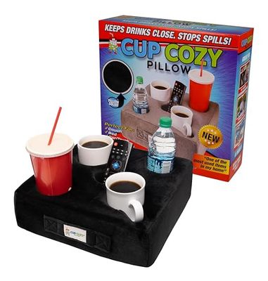 Cup Cozy Deluxe Pillow (Black)- As Seen on TV-The world's BEST cup holder! Keep your drinks close and prevent spills. Use it anywhere-Couch, floor, bed, man cave, car, RV, park, beach and more!