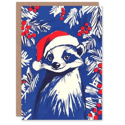 Artery8 Santa Hat Badger Holly Plant Berry Blank For Him Or Her Art Xmas Festive Christmas Card