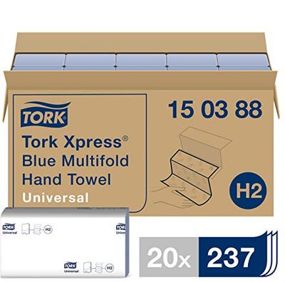 Tork Xpress Essuie-mains interfoliés - 150388 - Papiers d'essuyage pliés en Z, bleus, qualité Universal pour Distributeur H2 - Essuie-mains en papier, origine traçable, 2 plis - 20 x 237 feuilles