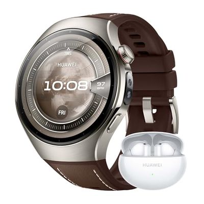 HUAWEI Watch 5, 46mm Smartwatches, + FreeBuds 6i Blanco, Multi-Sensor Revolucionario X-Tap, SpO2 con la Yema del Dedo, Health Glance, Pago NFC, ECG, HRV, eSIM, Marrón