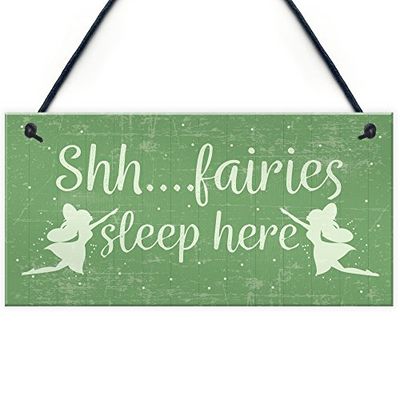 RED OCEAN Fairies Sleep Here Novelty Hanging Shabby Chic Plaque Novelty Fairy Garden Shed Sign