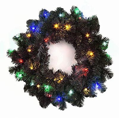 Couronne de Noël pré-éclairée en pin d'Alaska Noir de 55 cm pour cheminées, Murs, Portes, escaliers, décorations de Jardin avec 30 LED Multicolores
