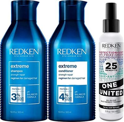 Redken Extreme Shampoo 500Ml + Balsamo 500Ml + One United 150Ml | Routine Professionale, Ripara i Capelli Danneggiati e le Doppie Punte