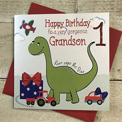 WHITE COTTON CARDS G153 "Happy Birthday to A Very Gorgeous Grandson 1" Handmade 1st Birthday Card